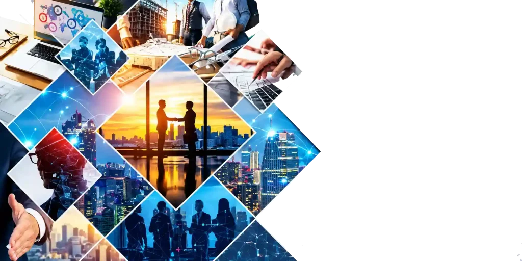 کلاژی از همکاری تجاری، پروژه‌های ساختمانی، فناوری دیجیتال و چشم‌انداز شهری مدرن